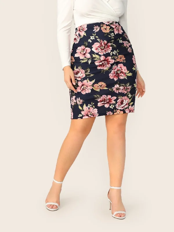 Plus Floral Print Bodycon Skirt