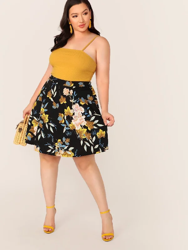 Plus Floral Print Swing Skirt