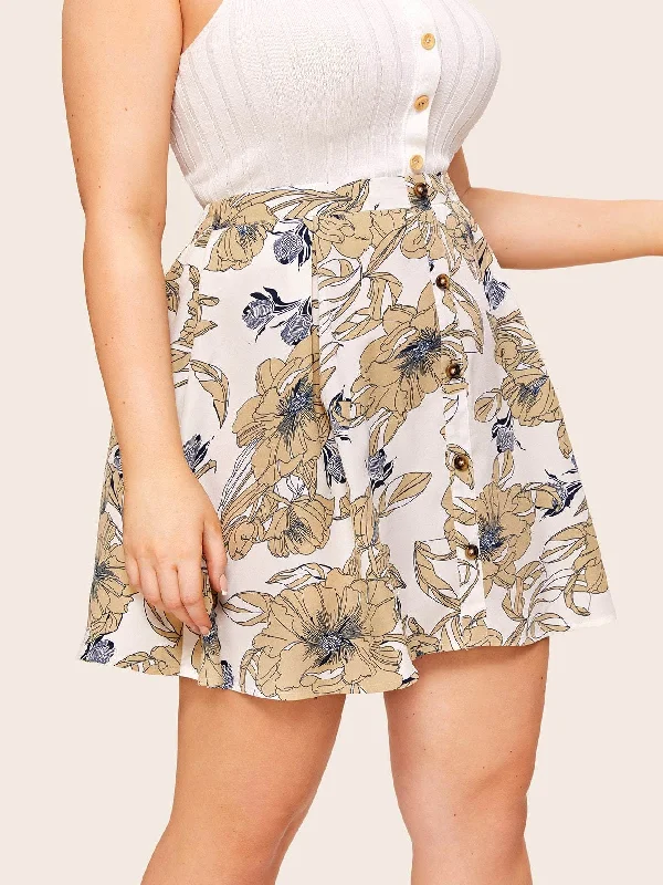 Plus Large Floral Print Button Through Skirt