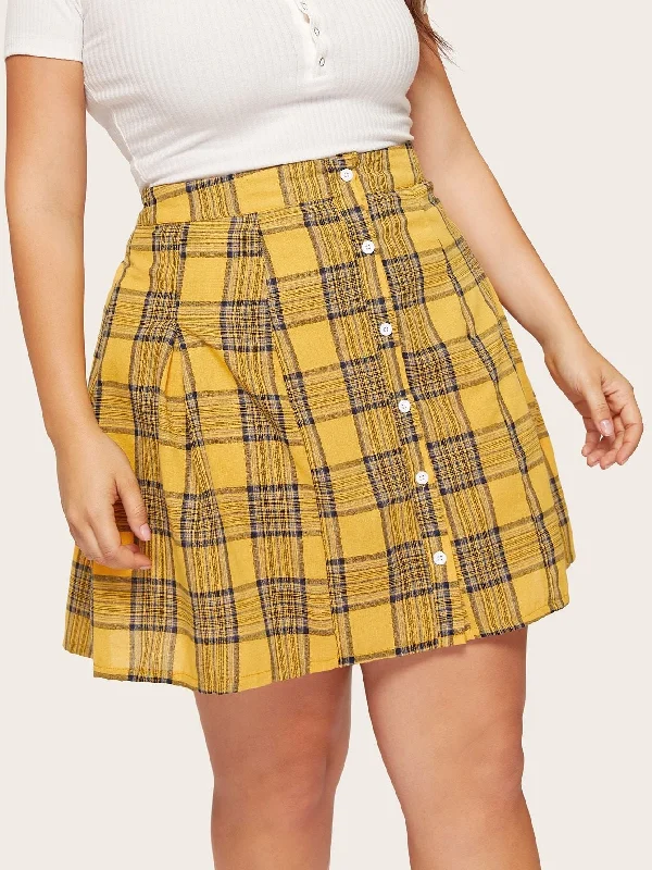 Plus Plaid Button Skirt