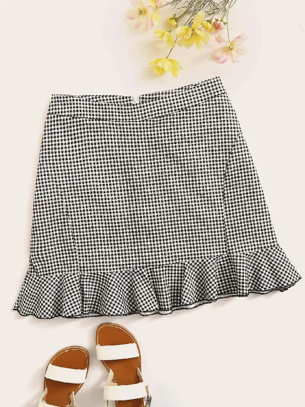 Plus Ruffle Hem Zip Gingham Skirt