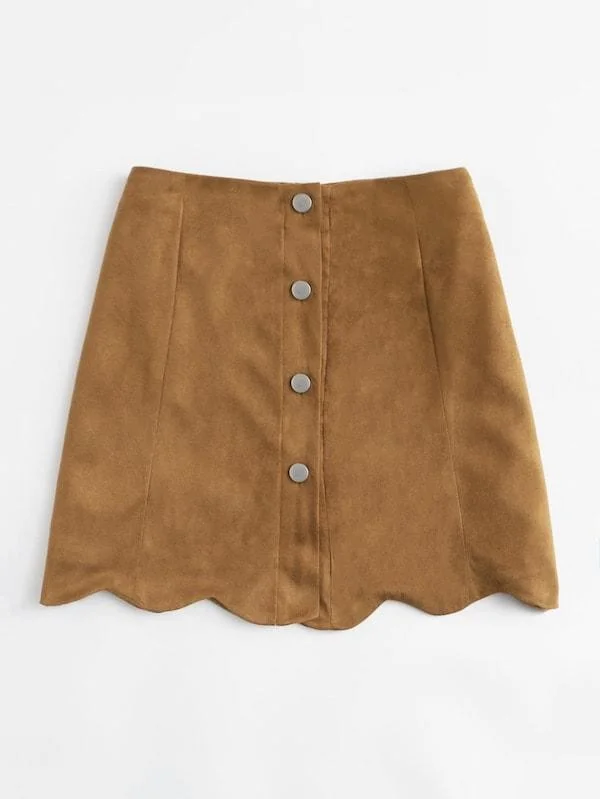 Plus Single Breasted Scallop Hem Suede Skirt