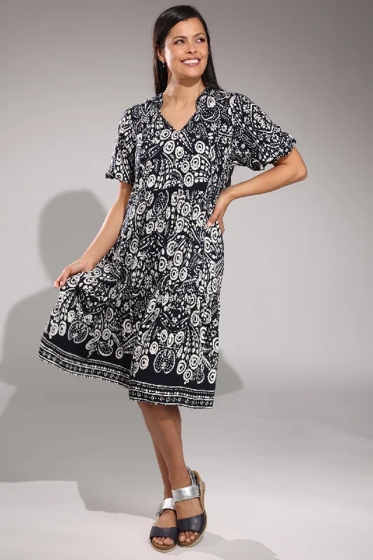 Printed V neck nehru collar Dress | Navy Ivory Border | 6322A1