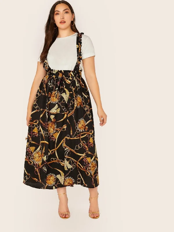 SHEIN Plus Chain Print Paperbag Waist Pinafore Skirt