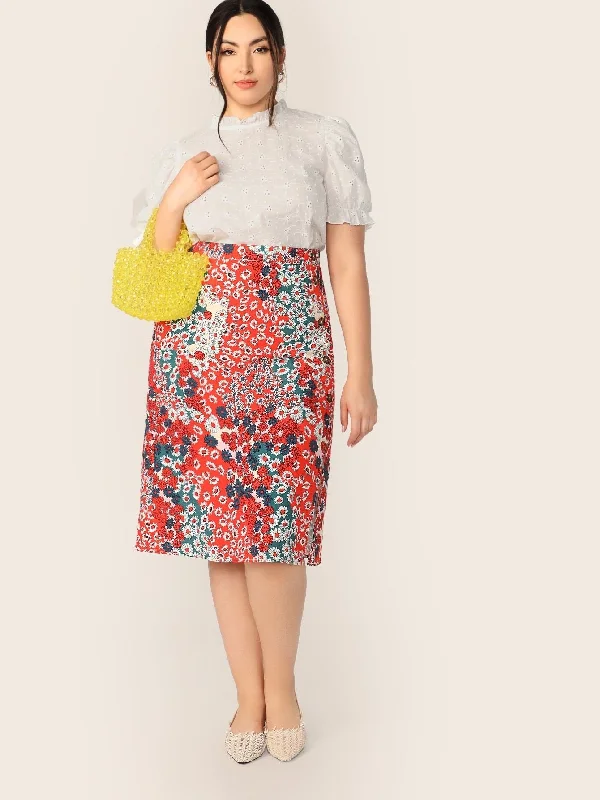 SHEIN Plus Ditsy Floral Button Side Split Skirt