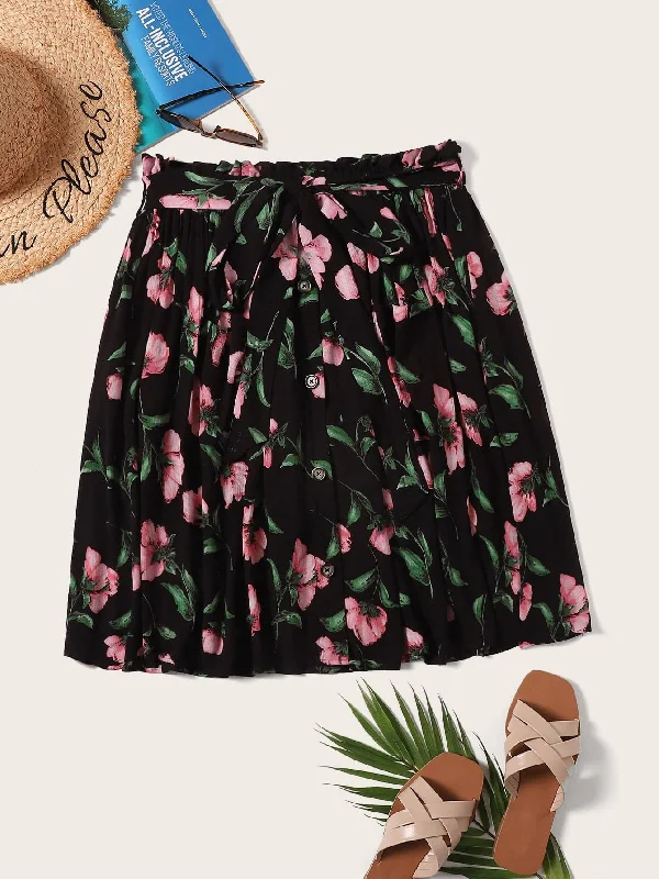 SHEIN Plus Paperbag Waist Floral Print Belted Skirt