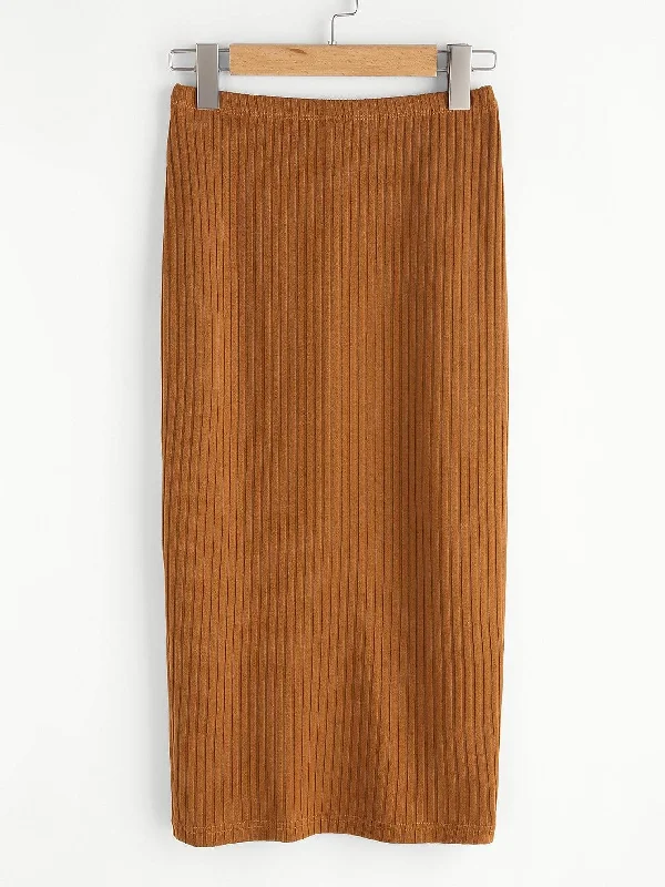 SHEIN Plus Solid Ribbed Knit Slit Hem Skirt