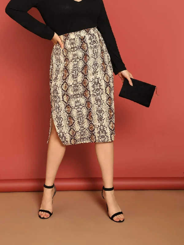 SHEIN Plus Split Side Snakeskin Print Skirt